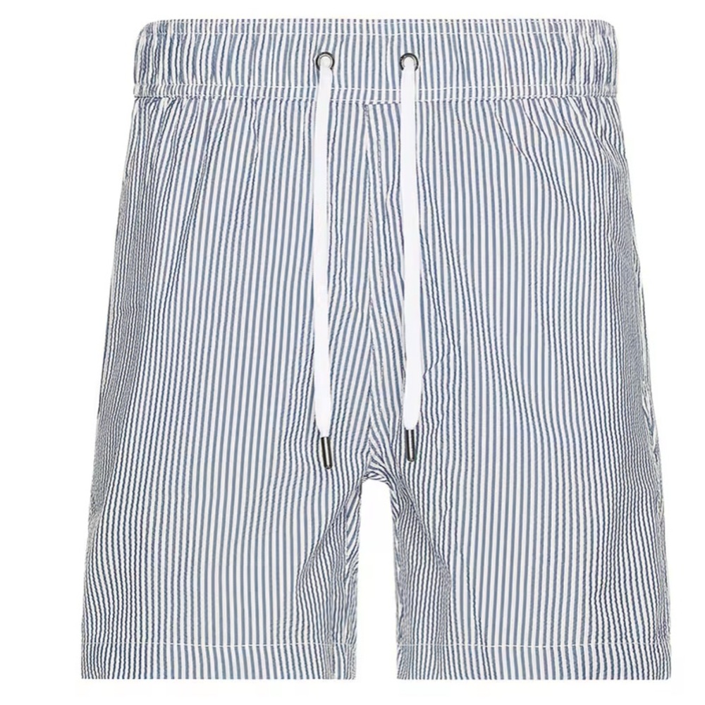 Onia Navy and White Striped Swim Trunks